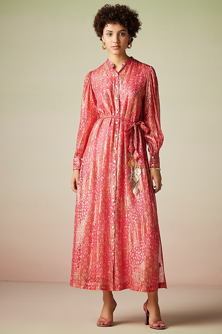 Pink Viscose Lurex Georgette Printed Kaftan Summer Dress with Belt by Verb by Pallavi Singhee at Pernia's Pop Up Shop