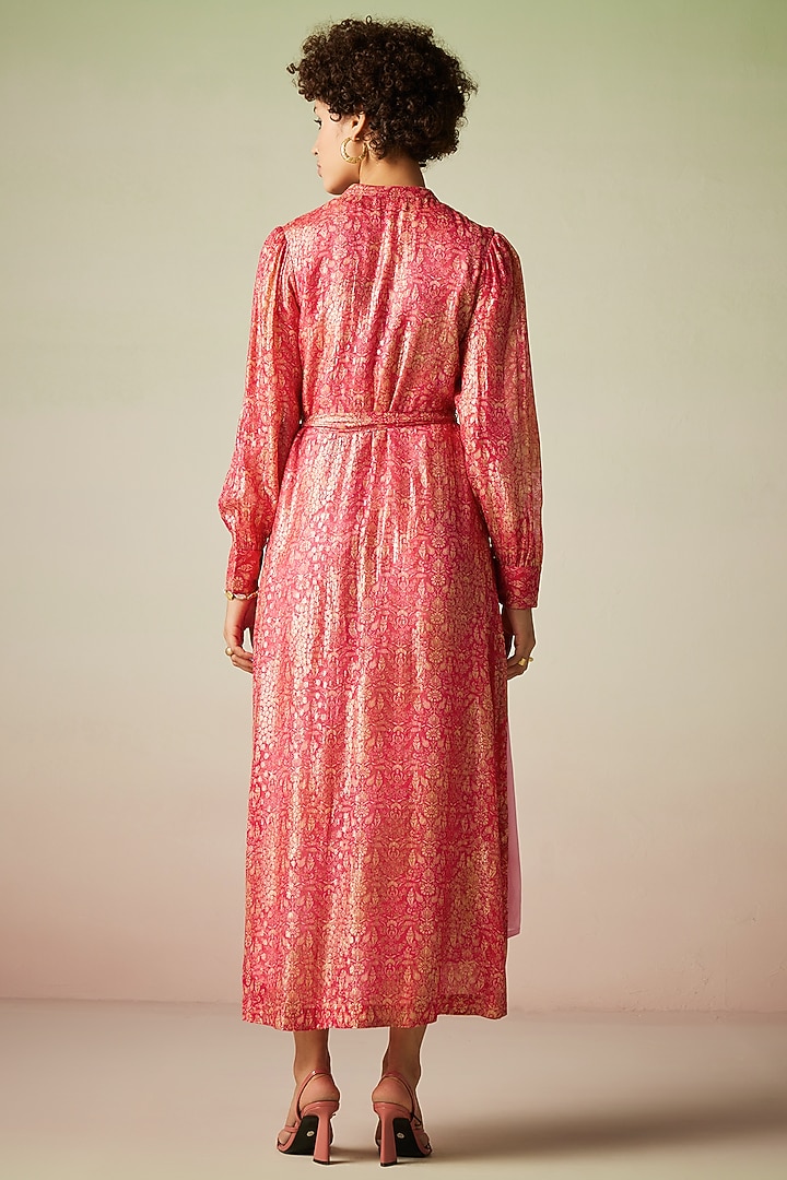 Pink Viscose Lurex Georgette Printed Kaftan Summer Dress with Belt by Verb by Pallavi Singhee at Pernia's Pop Up Shop