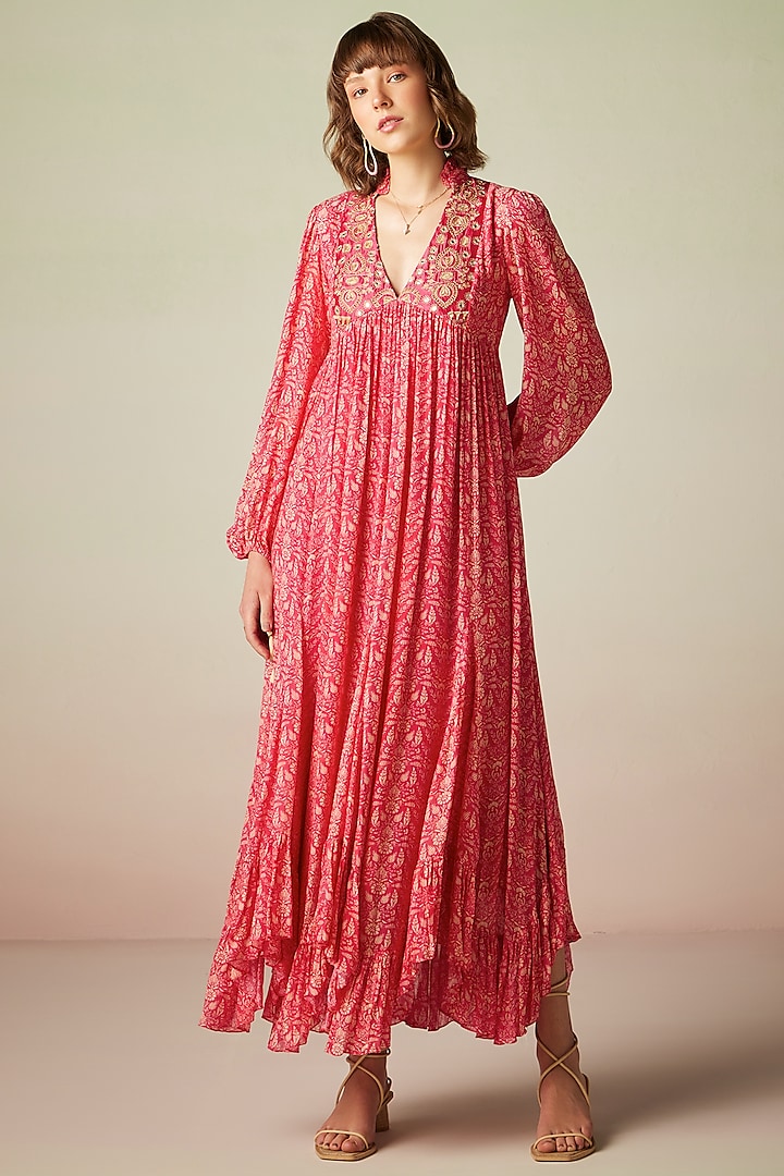 Pink Cotton Chiffon Printed & Embroidered Kaftan Dress by Verb by Pallavi Singhee