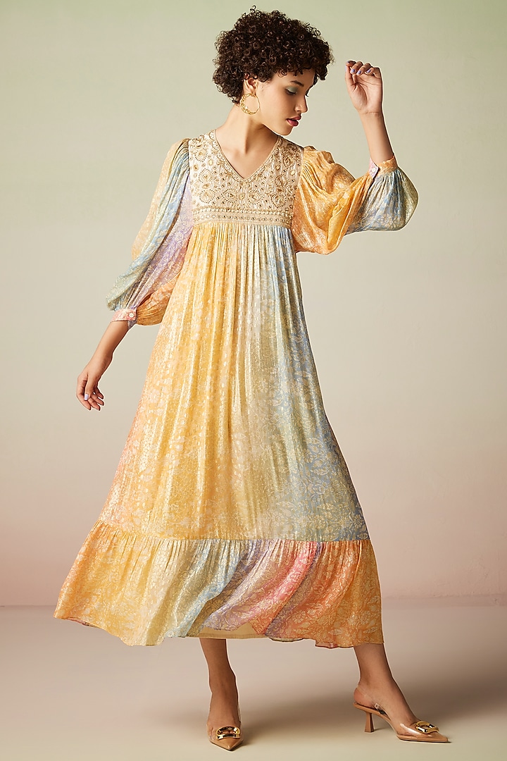 Multi-Colored Viscose Lurex Georgette Printed Kaftan Dress by Verb by Pallavi Singhee
