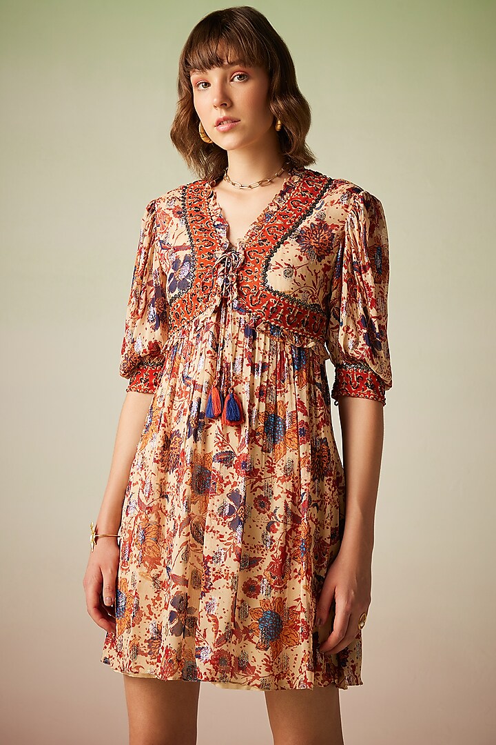 Multi-Colored Viscose Lurex Georgette Printed & Embroidered Mini Dress by Verb by Pallavi Singhee