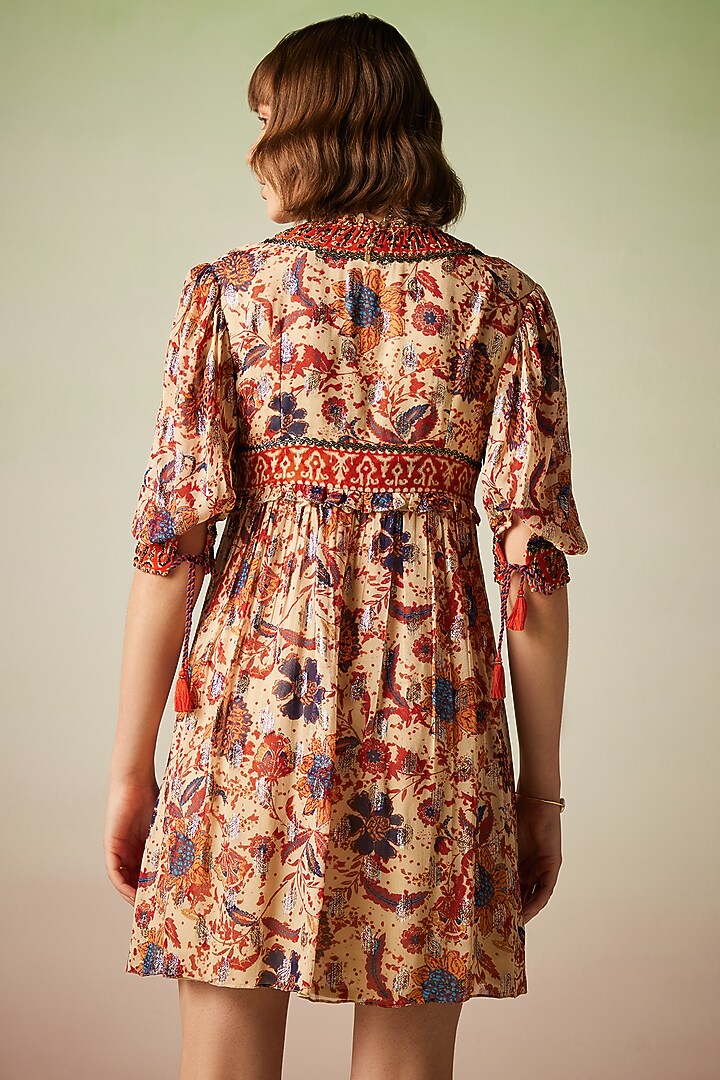 Multi-Colored Viscose Lurex Georgette Printed & Embroidered Mini Summer Dress by Verb by Pallavi Singhee at Pernia's Pop Up Shop
