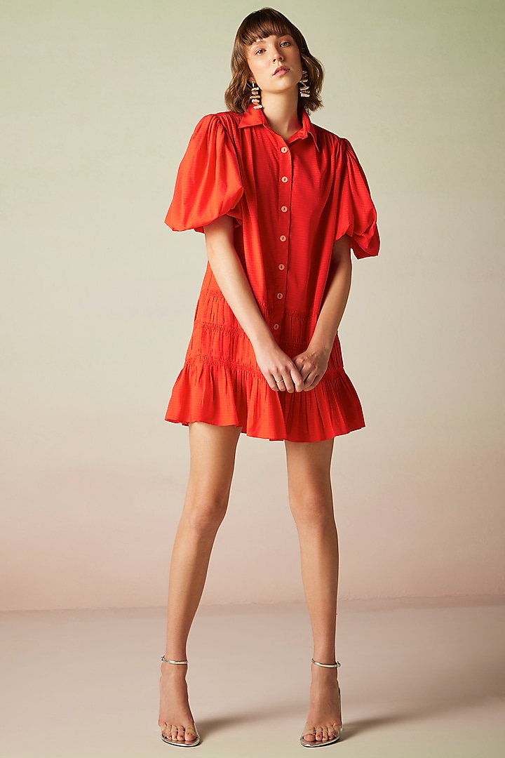Red Polyester Shirt Dress by Verb by Pallavi Singhee