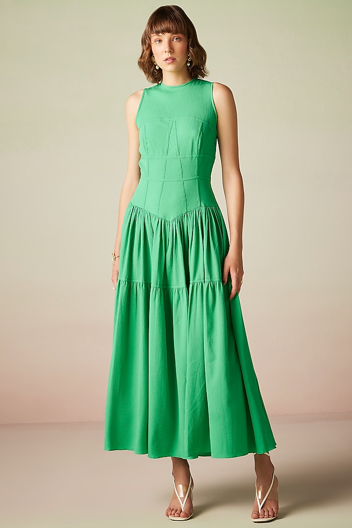 Green Polyester Midi Dress by Verb by Pallavi Singhee
