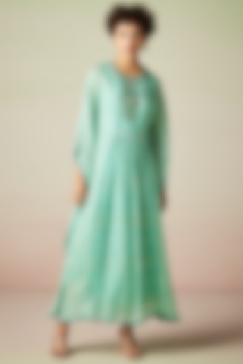 Green Viscose Lurex Georgette Printed Kaftan Dress by Verb by Pallavi Singhee