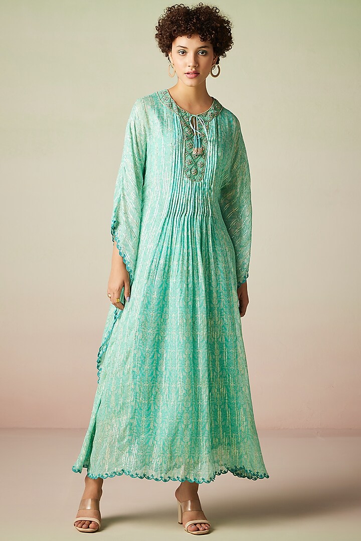 Green Viscose Lurex Georgette Printed Kaftan Dress by Verb by Pallavi Singhee