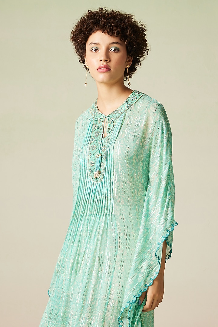 Green Viscose Lurex Georgette Printed Kaftan Summer Dress by Verb by Pallavi Singhee at Pernia's Pop Up Shop