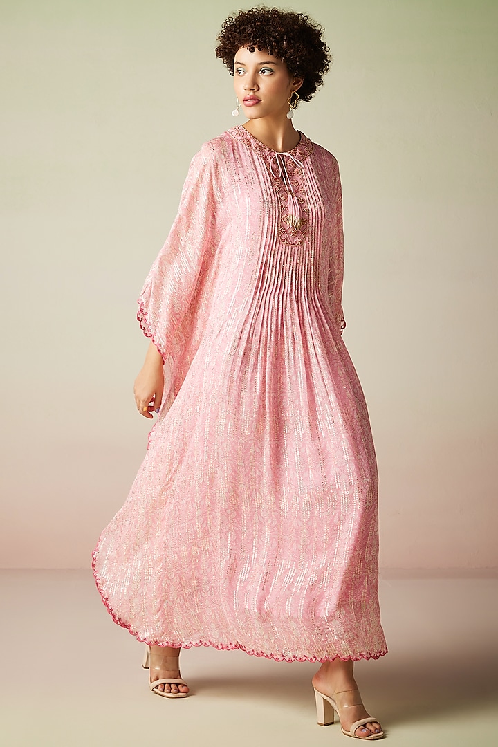 Pink Viscose Lurex Georgette Printed Kaftan Dress by Verb by Pallavi Singhee