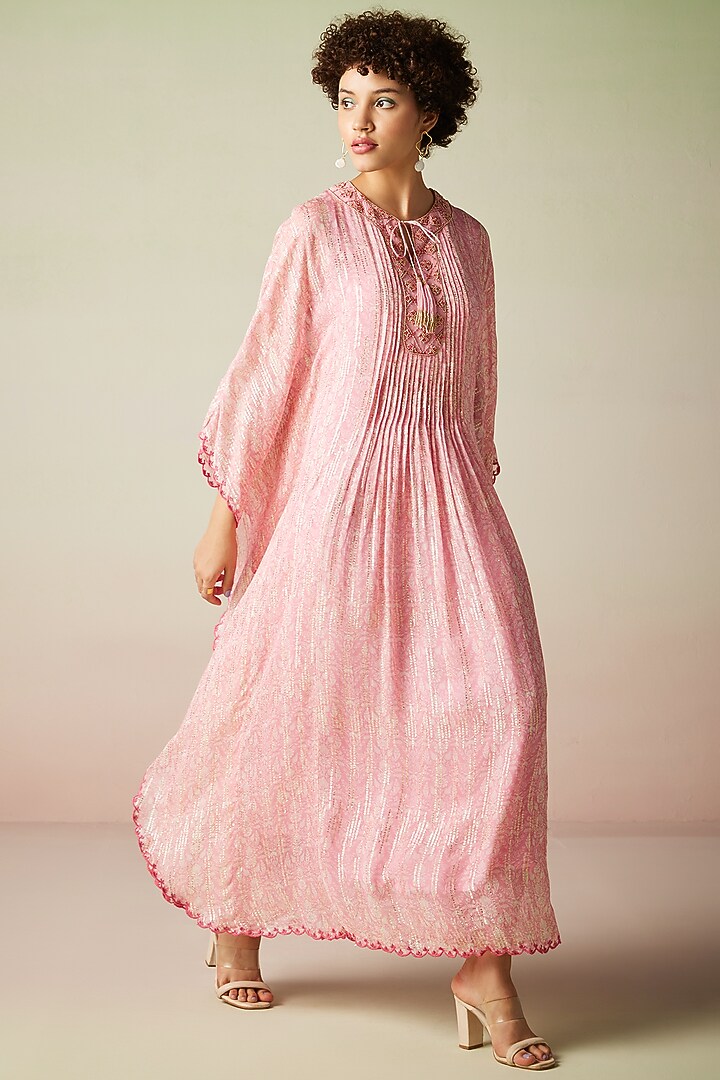 Pink Viscose Lurex Georgette Printed Kaftan Summer Dress by Verb by Pallavi Singhee at Pernia's Pop Up Shop