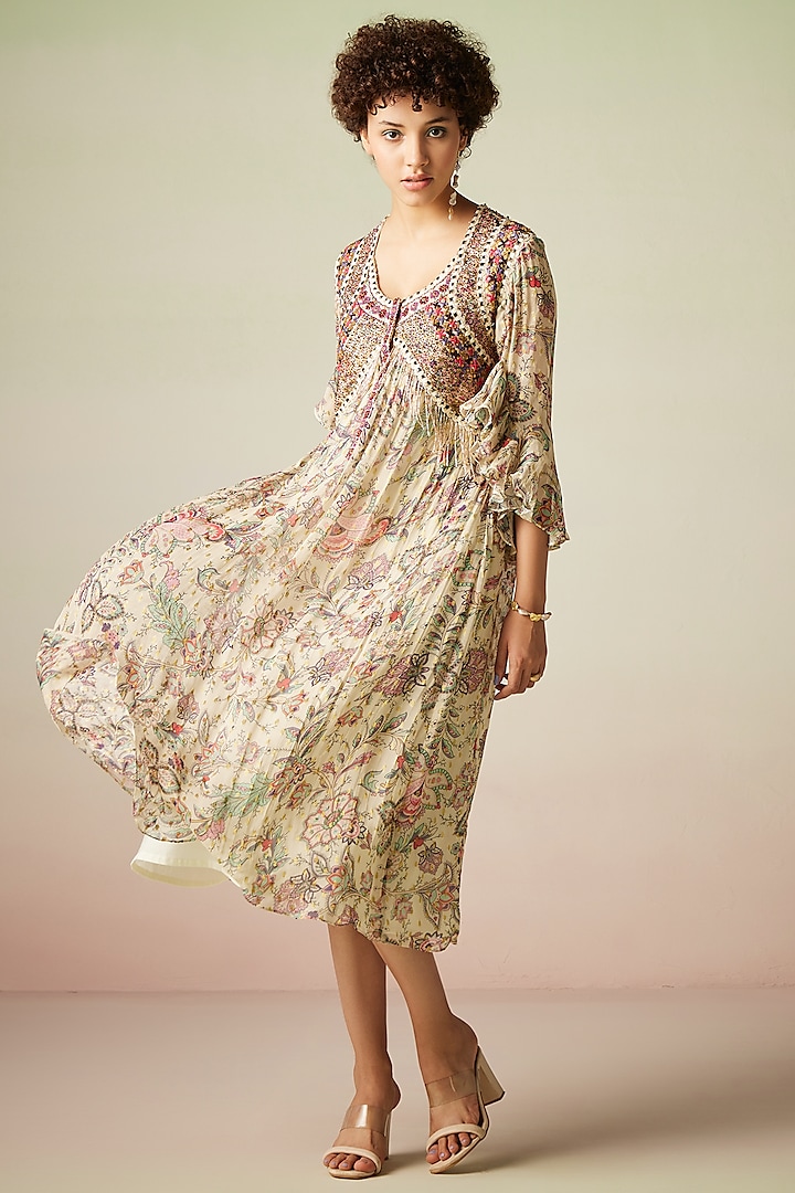 Beige Viscose Lurex Georgette Printed Kaftan Dress by Verb by Pallavi Singhee