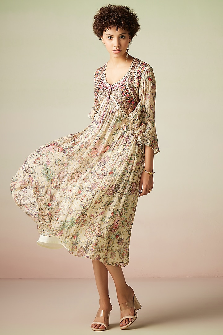 Beige Viscose Lurex Georgette Printed Kaftan Dress by Verb by Pallavi Singhee at Pernia's Pop Up Shop