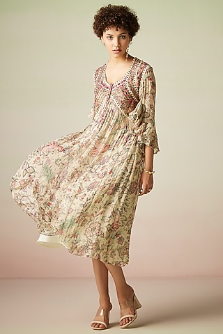 Beige Viscose Lurex Georgette Printed Kaftan Dress by Verb by Pallavi Singhee