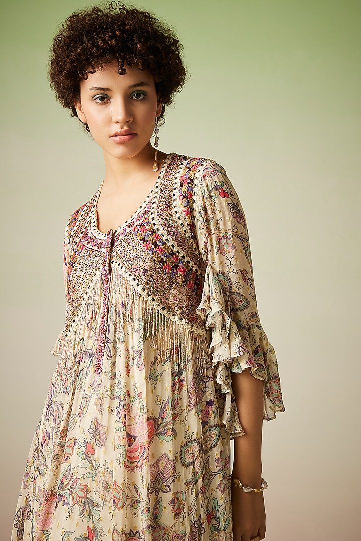 Beige Viscose Lurex Georgette Printed Kaftan Vacation Dress by Verb by Pallavi Singhee at Pernia's Pop Up Shop