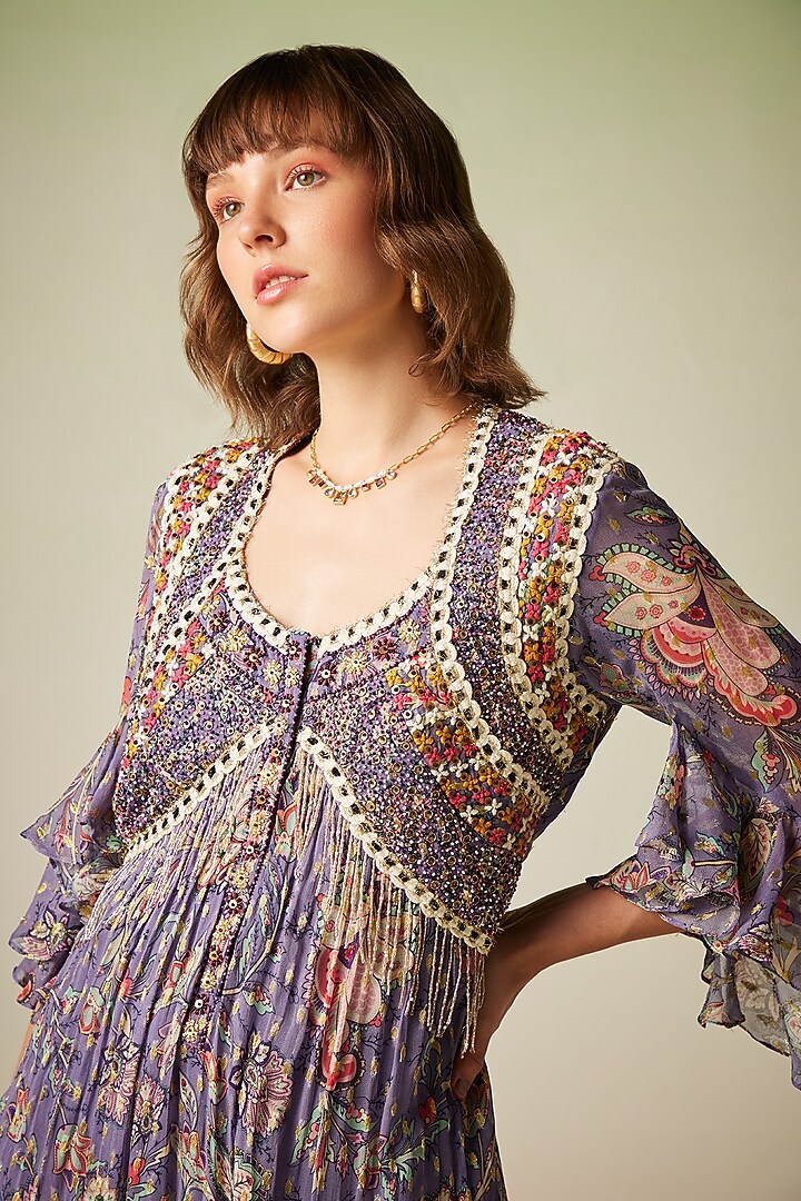 Mauve Viscose Lurex Georgette Printed Kaftan Vacation Dress by Verb by Pallavi Singhee at Pernia's Pop Up Shop
