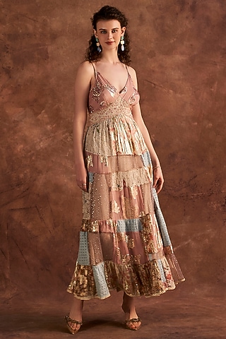 Multi-Colored Viscose Lurex Georgette Printed Spaghetti Dress by Verb by Pallavi Singhee
