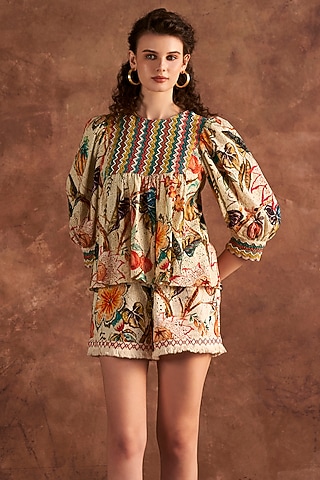 Multi-Colored Cotton Schiffli Work & Printed Shorts by Verb by Pallavi Singhee