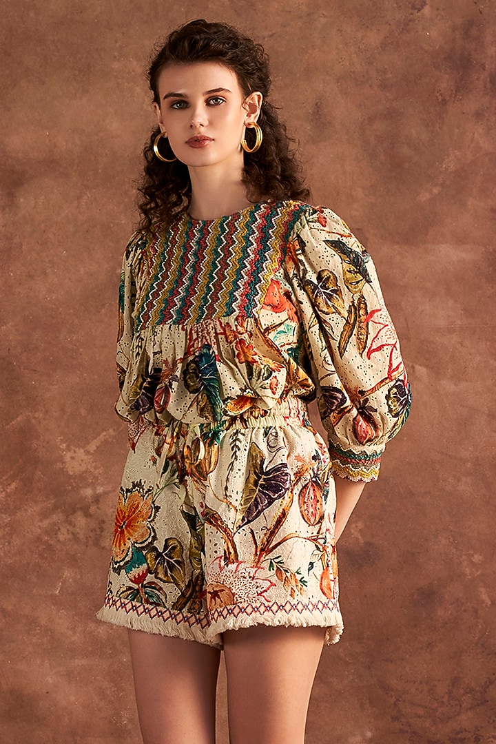 Multi-Colored Cotton Schiffli Work & Printed Shorts by Verb by Pallavi Singhee at Pernia's Pop Up Shop