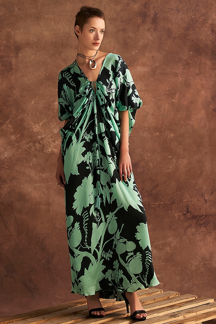 Mint Green Bemberg Satin Floral Printed Kaftan by Verb by Pallavi Singhee at Pernia's Pop Up Shop