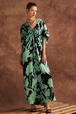 Mint Green Bemberg Satin Floral Printed Kaftan by Verb by Pallavi Singhee
