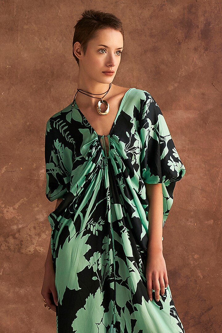 Mint Green Bemberg Satin Floral Printed Kaftan by Verb by Pallavi Singhee at Pernia's Pop Up Shop