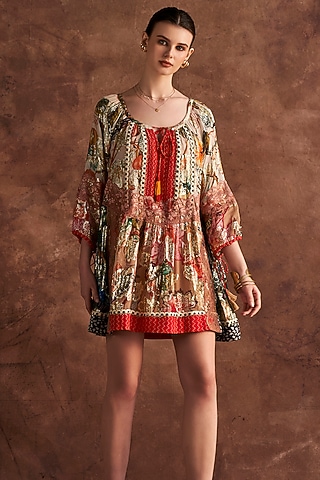 Multi-Colored Viscose Lurex Georgette Printed Mini Dress by Verb by Pallavi Singhee