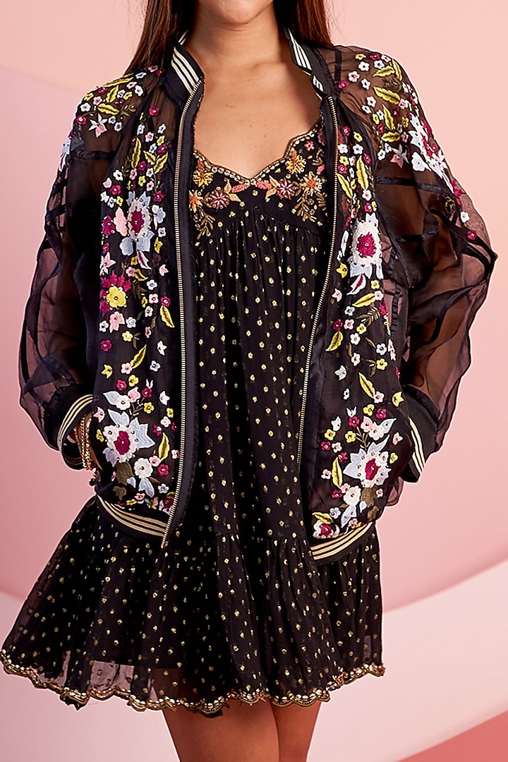 Black Viscose Lurex Georgette Hand Embroidered Mini Summer Dress by Verb by Pallavi Singhee at Pernia's Pop Up Shop