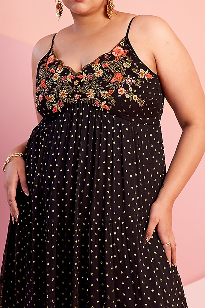 Black Viscose Lurex Georgette Hand Embroidered Tiered Maxi Vacation Dress by Verb by Pallavi Singhee at Pernia's Pop Up Shop