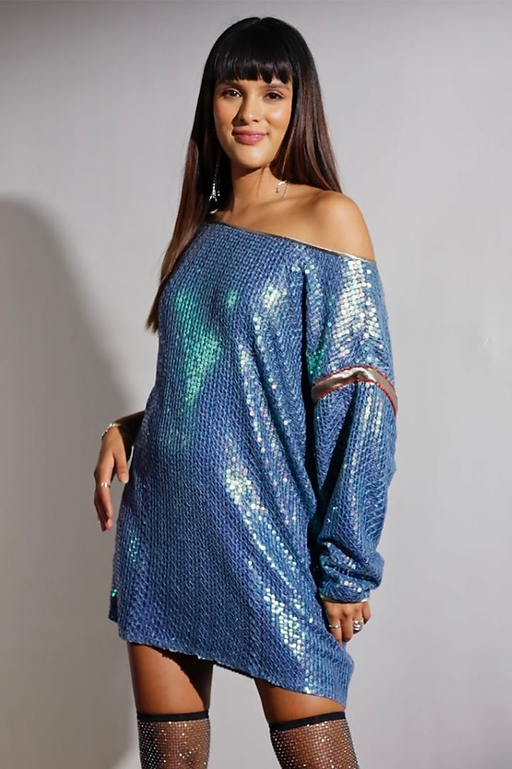 Blue Tulle Sequins Work Shift Summer Dress by Verb by Pallavi Singhee at Pernia's Pop Up Shop