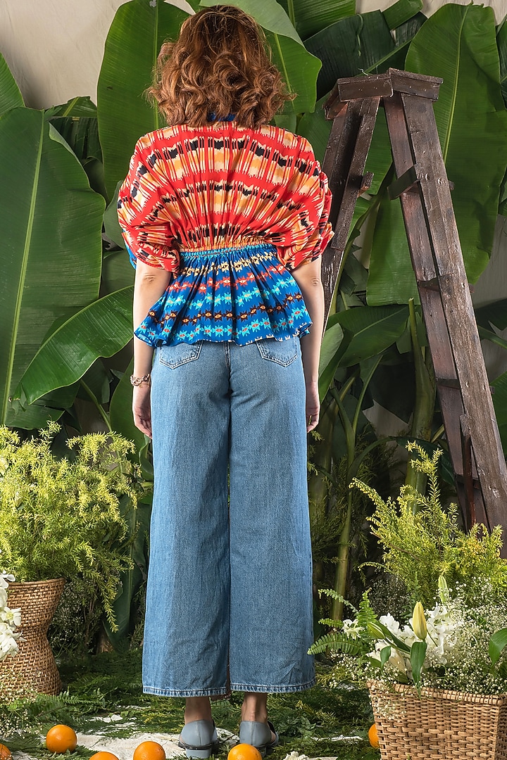 Blue Printed Waisted Blouse by Verb by Pallavi Singhee at Pernia's Pop Up Shop