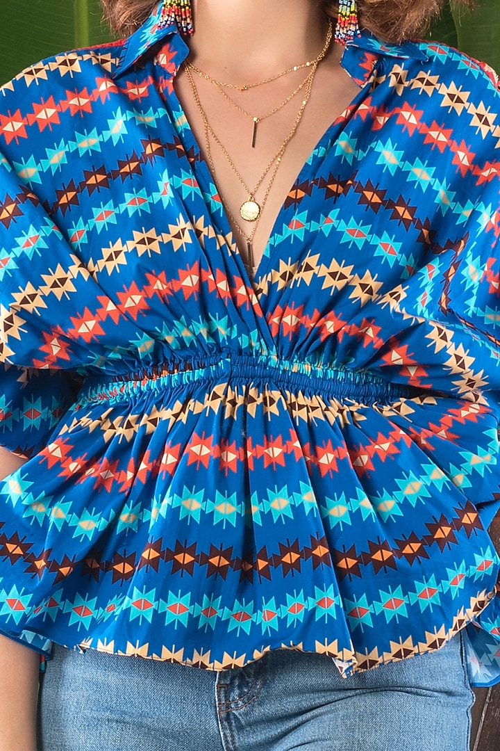 Blue Printed Waisted Blouse by Verb by Pallavi Singhee at Pernia's Pop Up Shop