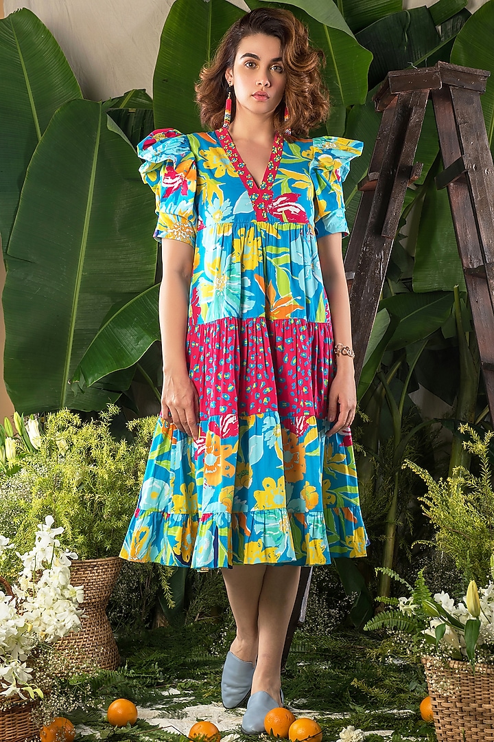 Blue Tropical Printed Tiered Dress by Verb by Pallavi Singhee