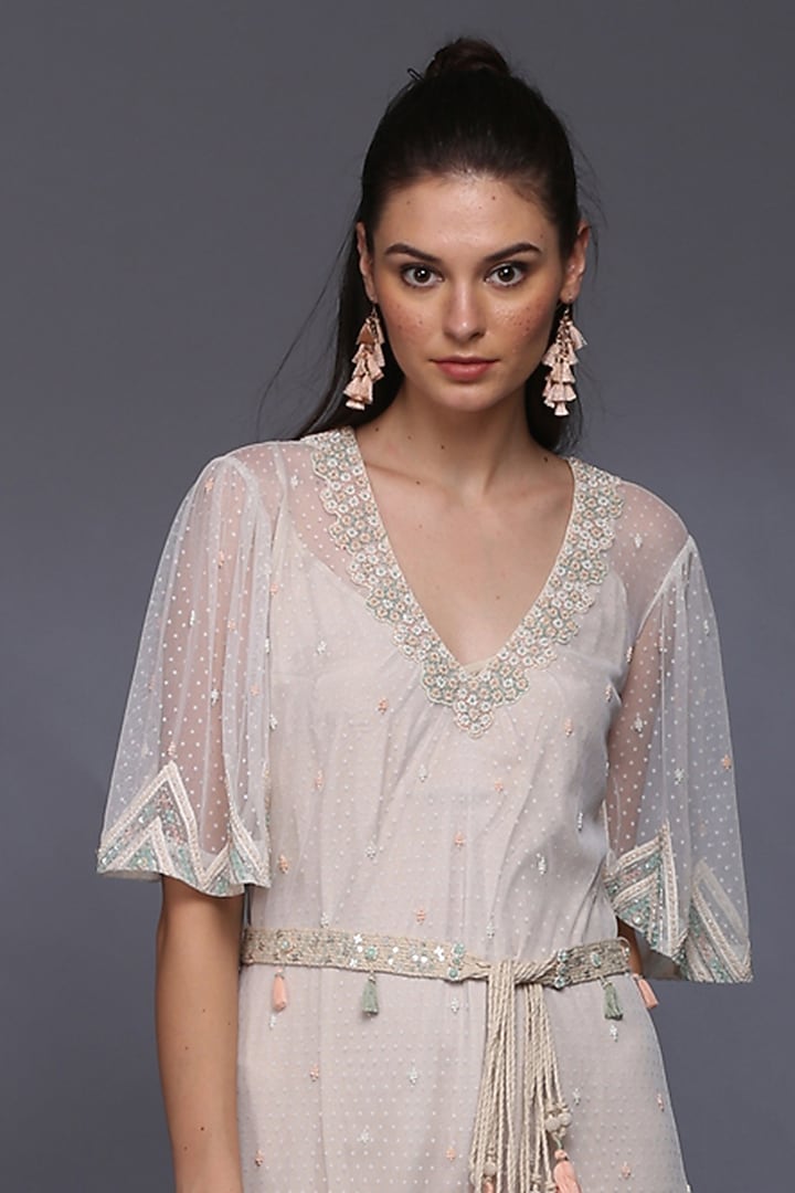 Ivory Tulle Vacation Dress With Thread Lace Detailing by Verb by Pallavi Singhee at Pernia's Pop Up Shop