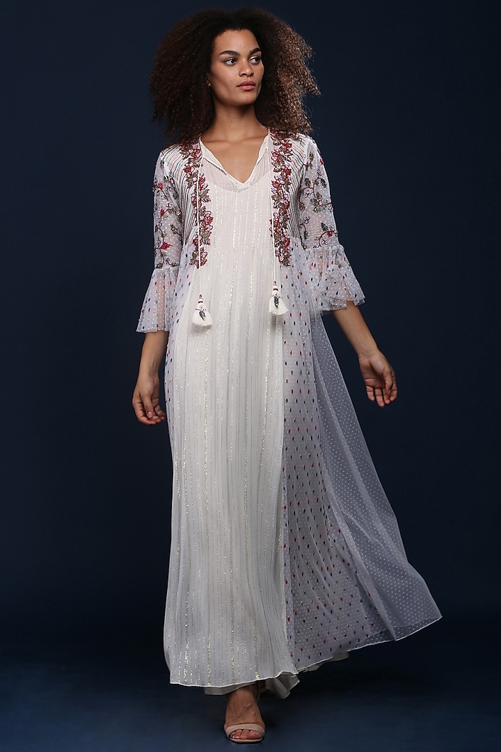 Ivory Vacation Dress With Floral Cutdana Detailing by Verb by Pallavi Singhee at Pernia's Pop Up Shop