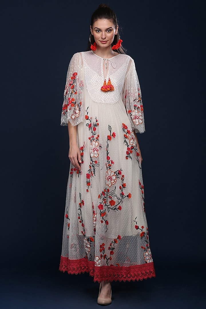 Ivory Maxi Dress With Boota Applique Detailing by Verb by Pallavi Singhee at Pernia's Pop Up Shop