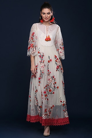 Ivory Maxi Dress With Boota Applique Detailing by Verb by Pallavi Singhee