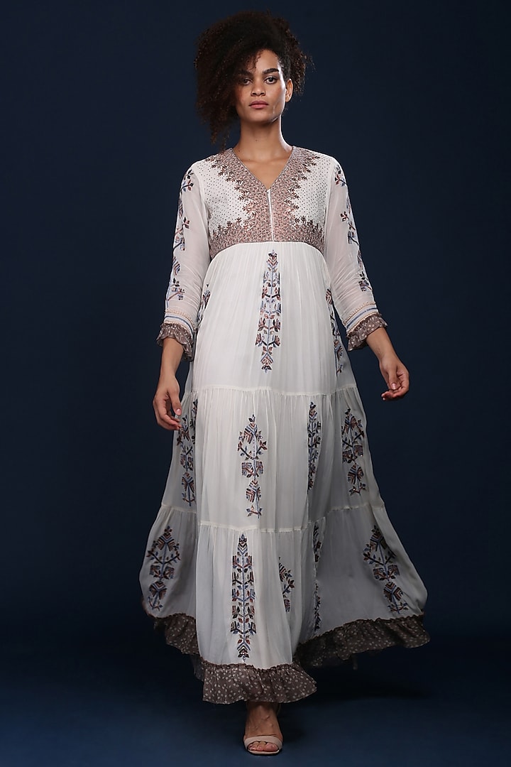 Ivory Tiered Vacation Dress With Thread Detailing by Verb by Pallavi Singhee at Pernia's Pop Up Shop