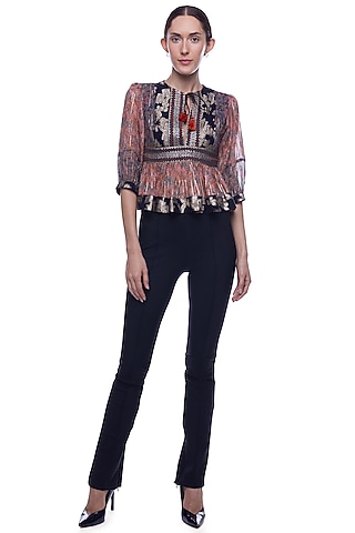 Reddish Brown Printed & Embroidered Blouse by Verb by Pallavi Singhee