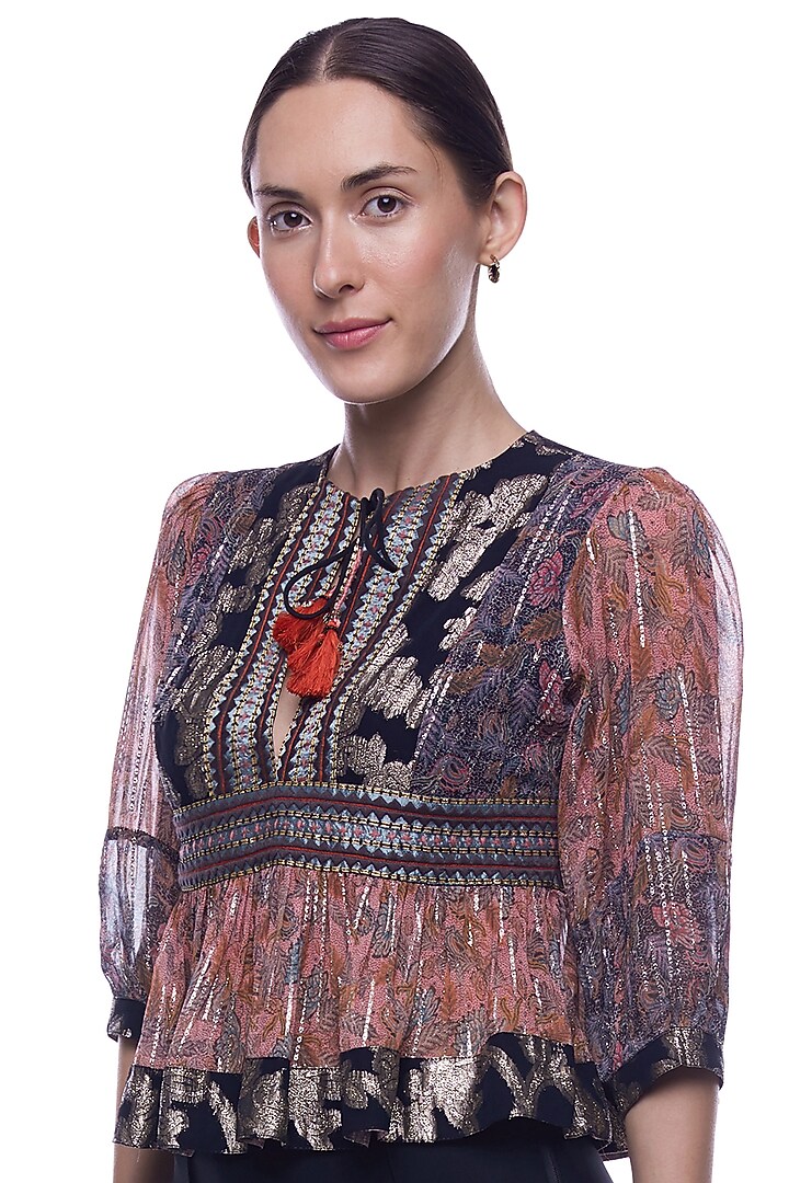 Reddish Brown Printed & Embroidered Blouse by Verb by Pallavi Singhee at Pernia's Pop Up Shop