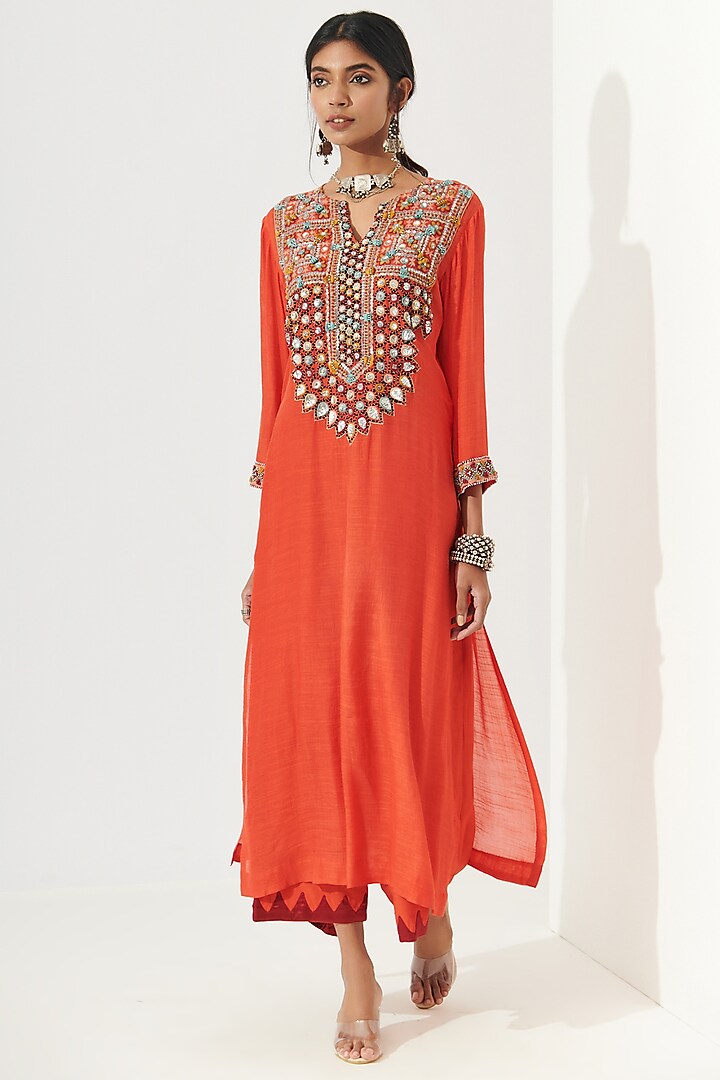 Coral Embroidered Kurta Set by Verb by Pallavi Singhee