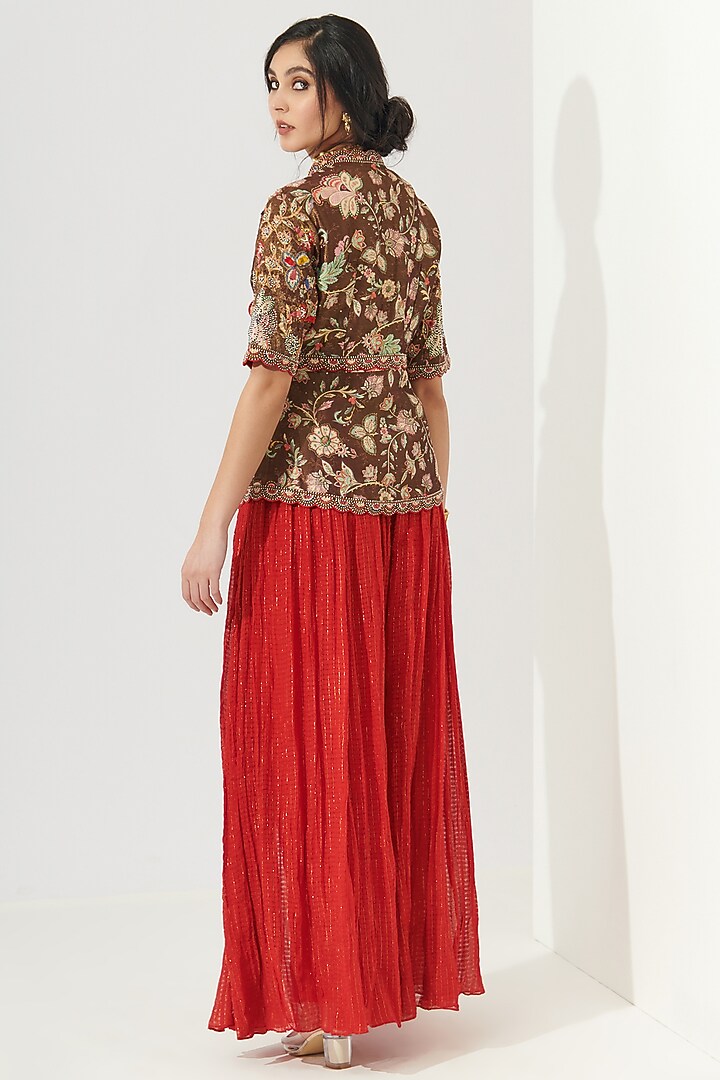 Cadmium Red & Ash Brown Lurex Cotton Wedding Sharara Set by Verb by Pallavi Singhee at Pernia's Pop Up Shop