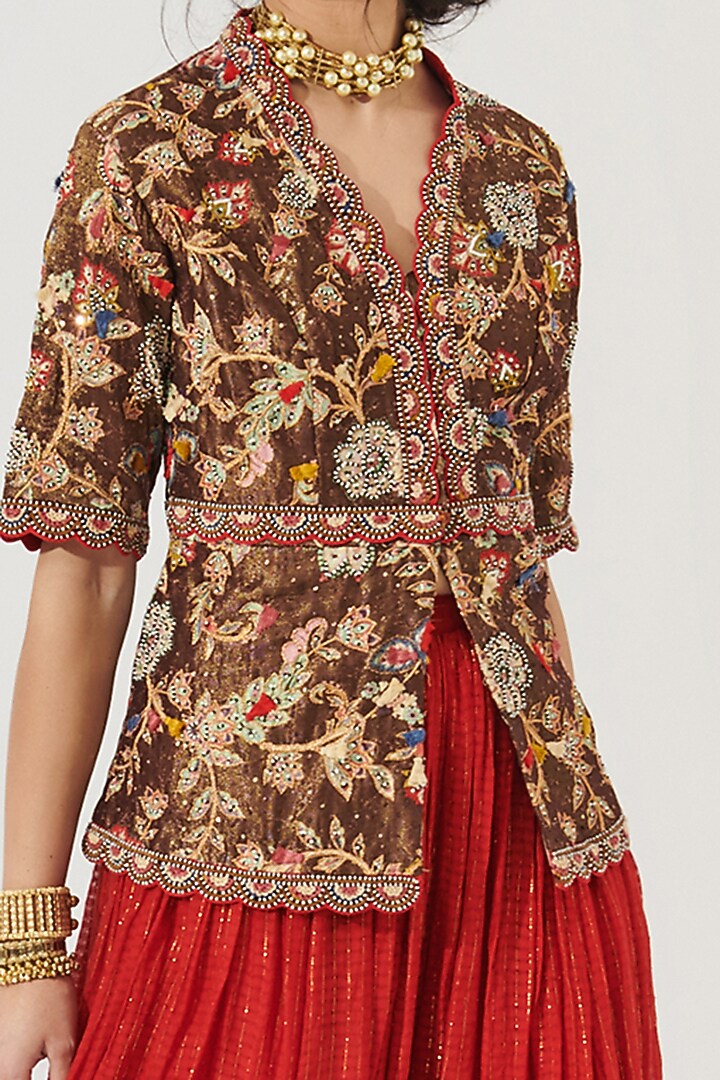 Cadmium Red & Ash Brown Lurex Cotton Wedding Sharara Set by Verb by Pallavi Singhee at Pernia's Pop Up Shop