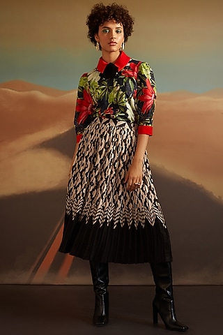 Black Modal Satin Printed Blouse by Verb by Pallavi Singhee
