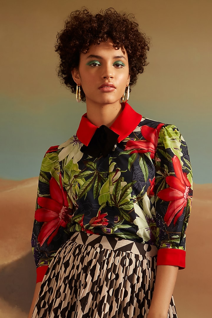 Black Modal Satin Printed Blouse by Verb by Pallavi Singhee at Pernia's Pop Up Shop