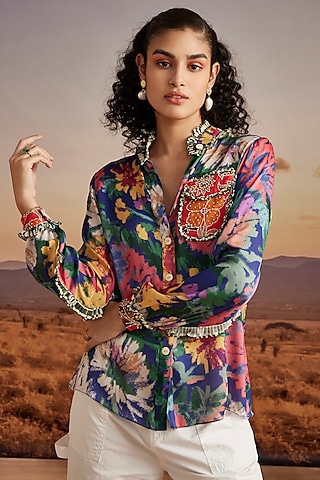 Cobalt Blue Viscose Crepe Printed Shirt by Verb by Pallavi Singhee