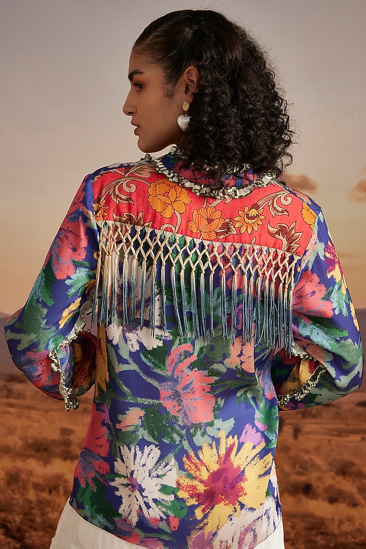 Cobalt Blue Viscose Crepe Printed Shirt by Verb by Pallavi Singhee at Pernia's Pop Up Shop