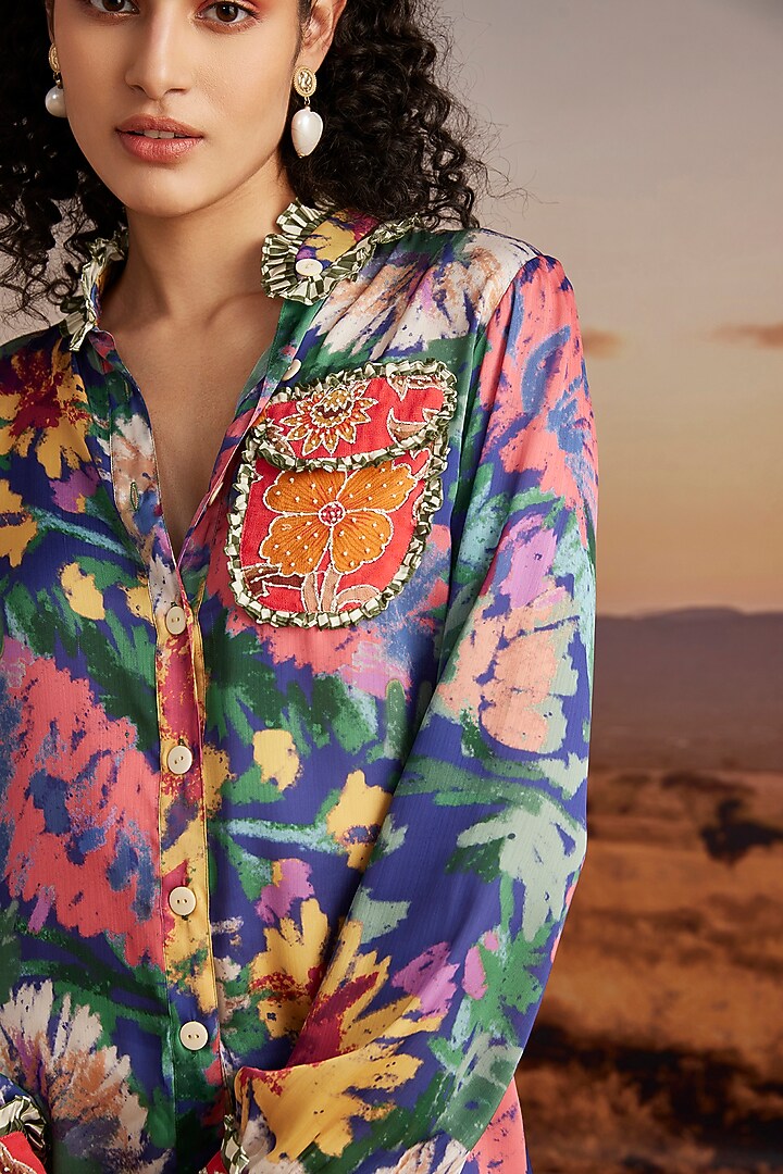Cobalt Blue Viscose Crepe Printed Shirt by Verb by Pallavi Singhee at Pernia's Pop Up Shop