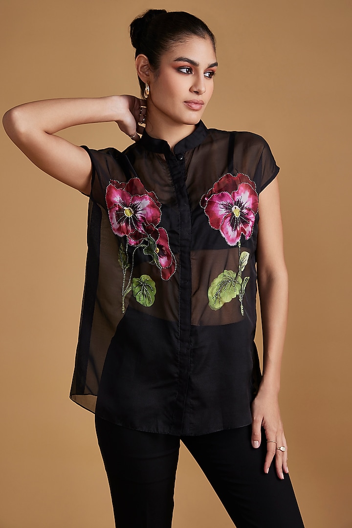 Black Sheer Organza Embroidered Shirt by Verb by Pallavi Singhee at Pernia's Pop Up Shop