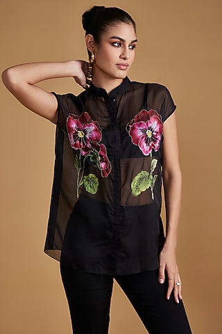 Black Sheer Organza Embroidered Shirt by Verb by Pallavi Singhee