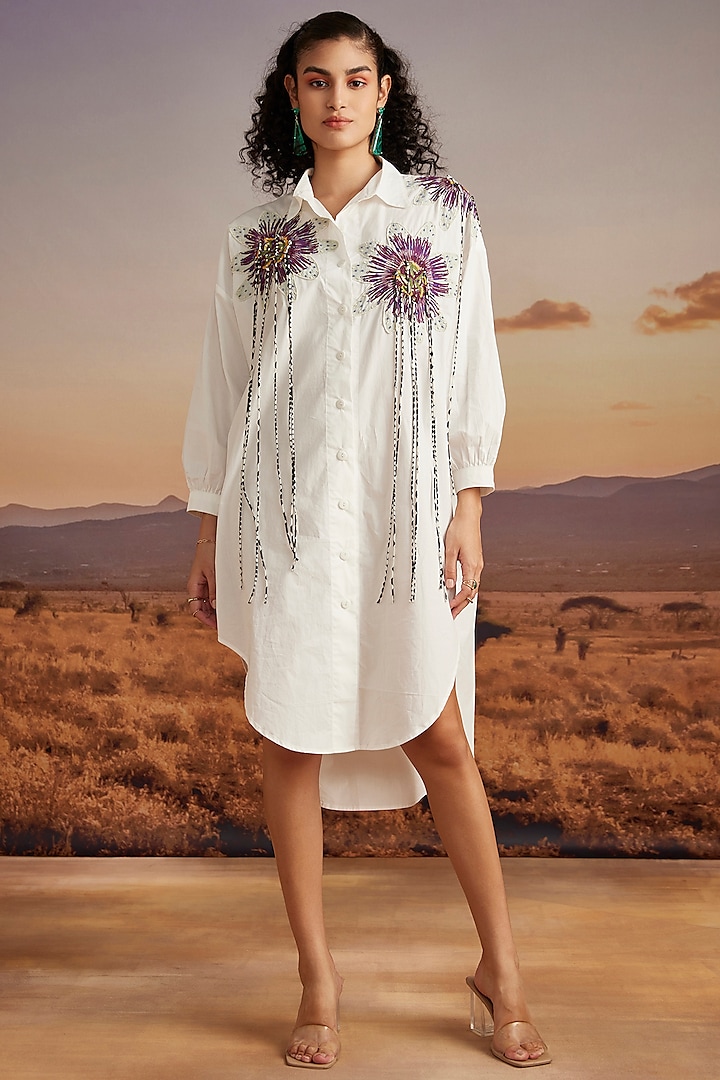 White Cotton Poplin Embroidered Shirt Dress by Verb by Pallavi Singhee