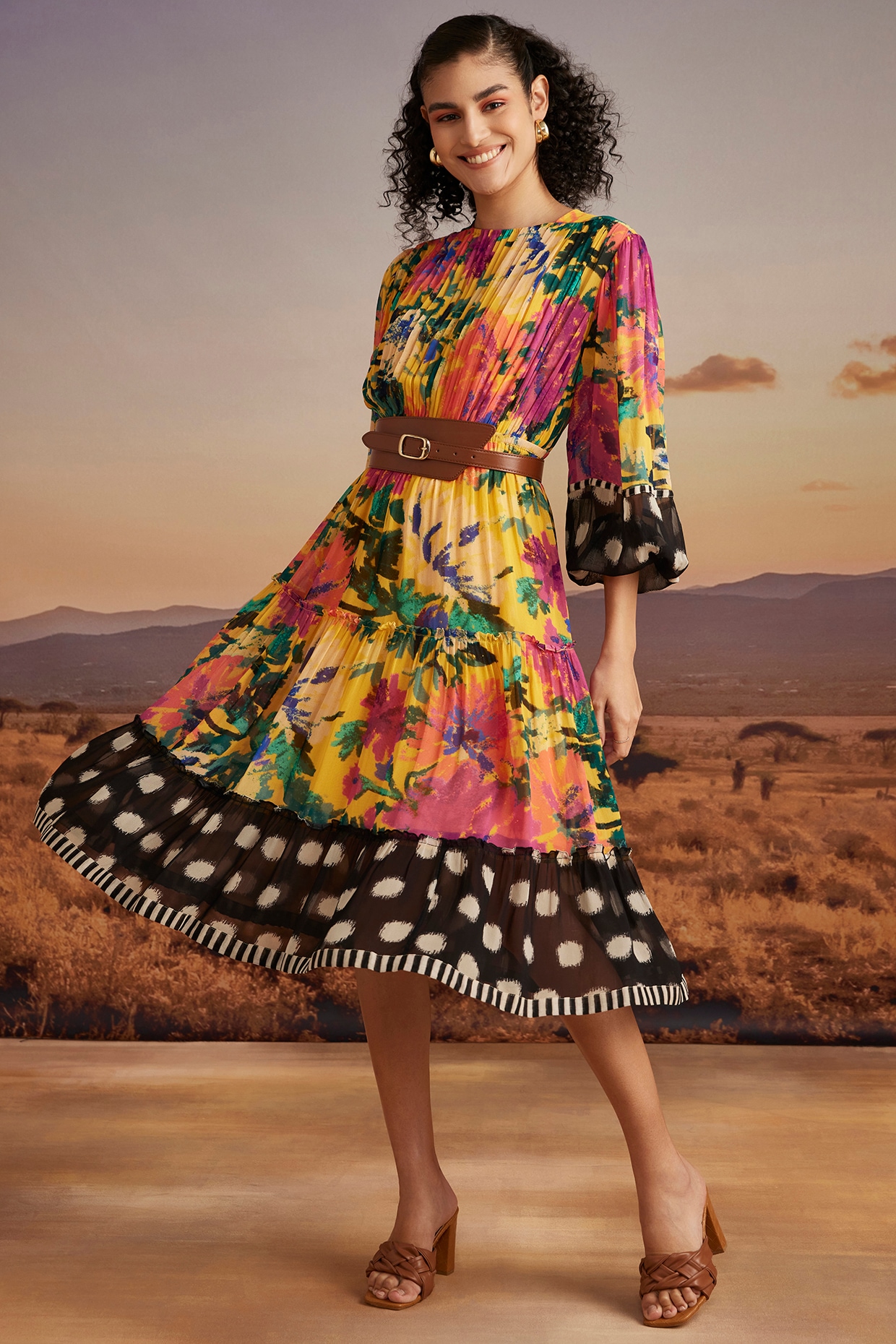 Mustard Viscose Georgette Floral Printed Midi Summer Dress by Verb by  Pallavi Singhee at Pernia's Pop Up Shop